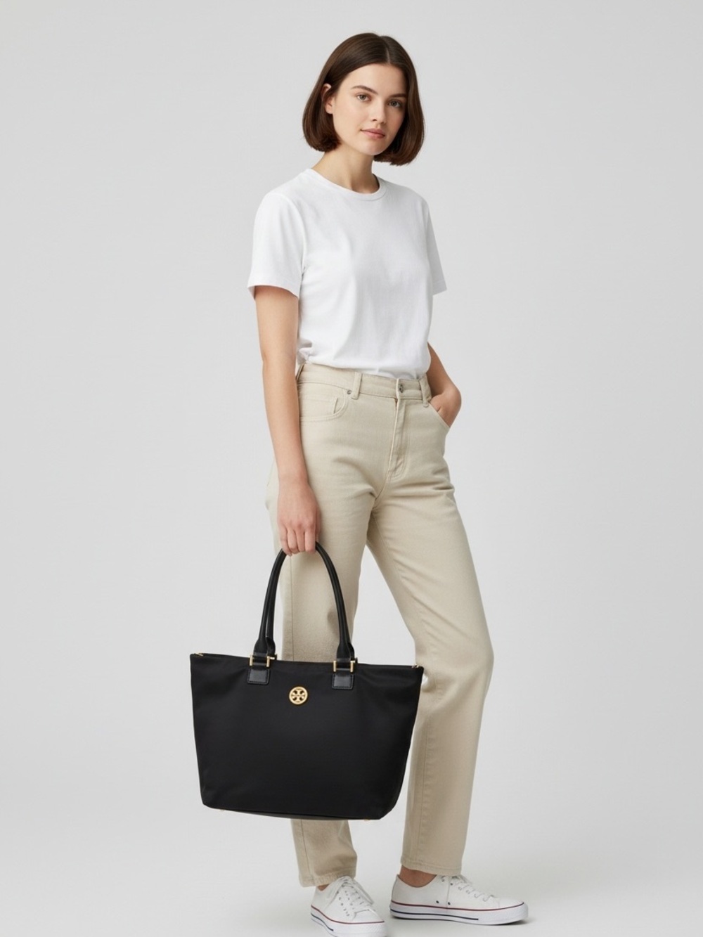 Tory Burch dens navy Nylon Tote with Gold Logo Accent authentic